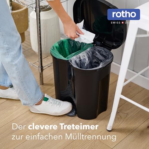 Rotho Duo – Waste Bin 2 x 10 L for Waste Separation with Lid and Pedal, Plastic (PP) BPA-Free, Black, 2 x 10 L (39 x 32 x 40.5 cm)