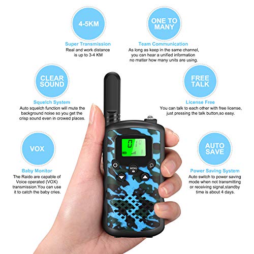 Walkie Talkies for Kids, Camouflage Walkie-talkies 22 Channel 4 KM Long Range 2 Way Radio with Automatic Squelch Function Flashlight Outdoor Toys Adventures Camping Hiking Gifts for 5-12 Year Old