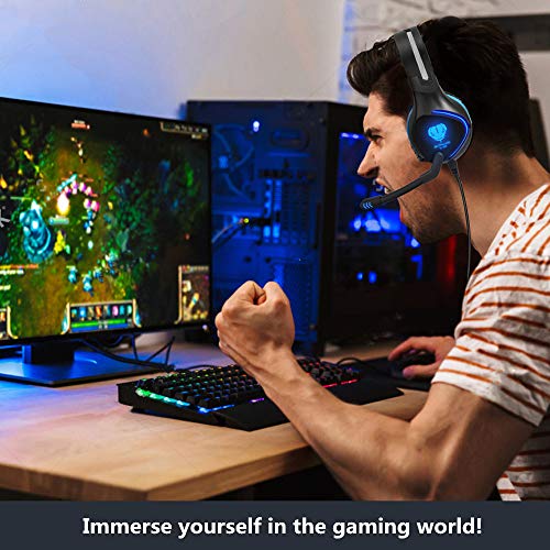 BUTFULAKE Pro Stereo Gaming Headset for Xbox One, Xbox One S, PS4, PC, Nintendo Switch, Mac, Laptop, Computer, 3.5mm Wired Over-Ear Gaming Headphones with LED Light & Noise Canceling Microphone, Blue