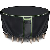 HIGHTQURO Round Patio Table Cover for Outdoor Table Chairs Set,600D Outdoor Furniture Cover Waterproof,Tear Resistance and Anti-UV,62" Dia x 28" H,Black