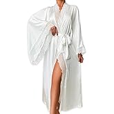 ChiaoLezhee Silk Long Robe For Women, Satin Lace-Trim, Bride Wedding-Night, Bridal Bridesmaid Kimono Robes Lightweight