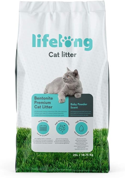 Amazon Brand Lifelong Bentonite Premium Cat Litter Baby Powder Scent 25l Amazon Co Uk Pet Supplies