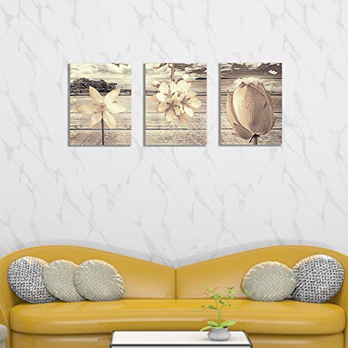 Canvas Art for Living Room Khaki Flower Wall Decor Painting and Brown Background Floral Print Pictures Artwork (12x16inch x3pcs)