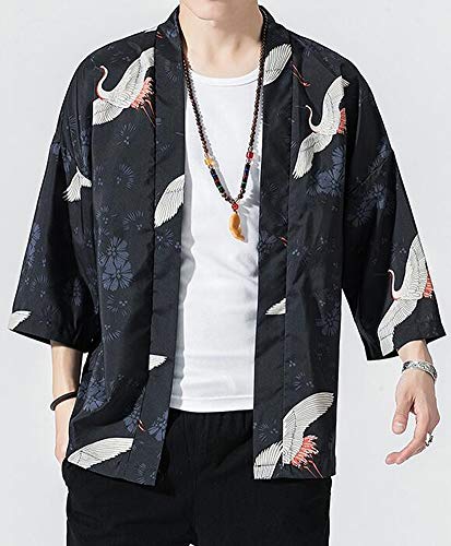 Hotmiss Men's Kimono Cardigan Jacket Japanese Style Flying Crane Seven Sleeves Open Front Coat (Navy Crane, Large)