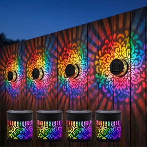 Solar Mandala Lights, Seven-Color Changing Solar Mandala Projector Light, Mandala Pattern Solar Wall Light, Outdoor Waterproof Metal Fence Lights for Yard Garden Post Patio Backyard Decor (4Pcs)