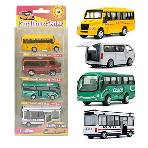 MinYn Die Cast Bus Toy Set Pull Back Model Car Play Kit Doors Openable Mini School Bus Coach Bus Gifts Kids - 4 pieces