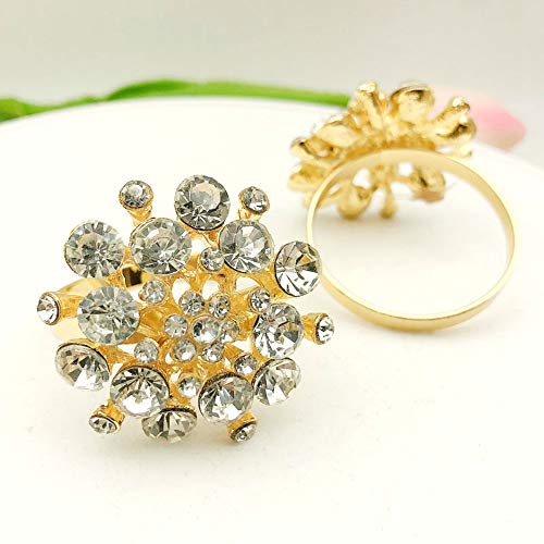 Joyindecor Napkin Rings Set of 6 - Crystal Flower Rhinestone Napkin Ring Holder for Wedding Party Home Kitchen Dining Table Linen Accessories (Golden-1)