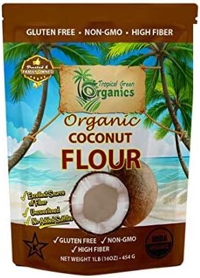 Organic Coconut Flour by Tropical Green Organics, Low Carb, High Fiber, Non-GMO and Gluten-Free, Vegan & Dairy-free, 1 Pound Paleo, Keto Diet Flour for Cooking & Baking