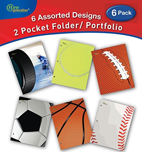 New Generation - Sport - 2 Pocket Folders / Portfolio 6 PACK Letter Size with 3 Hole Punch to use with your Binder Heavy Duty Glossy Finish UV Laminated Folder - Assorted 6 Fashion Design (6 PACK)