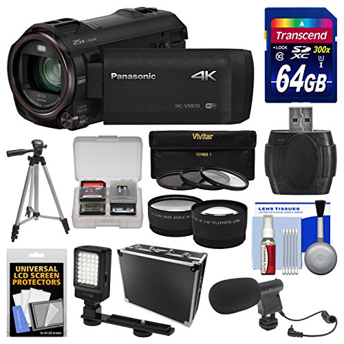 Panasonic HC-VX870 4K Ultra HD Wi-Fi Video Camera Camcorder with 64GB Card + Hard Case + LED Light + Microphone + Tripod + Tele/Wide Lens Kit