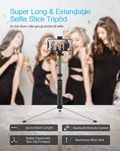 Selfie Stick Bluetooth, BlitzWolf 63inch Extendable Selfie Stick Tripod with Wireless Remote for iPhone Xs MAX/XS/XR/X/iPhone 8/8 Plus/iPhone 7/7 Plus/6s/6, Galaxy S9/S9 Plus/S8/S8 Plus, More