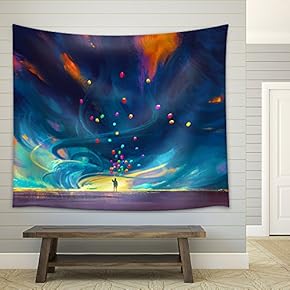 Illustration - Child Holding Balloons Standing in Front of Fantasy Storm,Illustration Painting - Fabric Wall Tapestry Home Decor - 51x60 inches