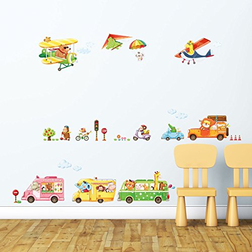 DECOWALL DAT-1806P1506C Animal Transports and Biplanes with Hang Glider Wall Stickers Kids Wall Stickers Wall Decals Peel and Stick Removable Wall Stickers for Kids Nursery Bedroom Living Room