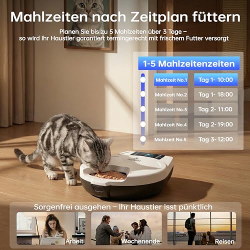 Automatic Cat Wet Food, 3 Days Fresh 5 Meals, with Semiconductor Cooling & Heating, Wet Automatic Feeder for Cats, Feeding Bowl Made of 304 Stainless Steel — Programmable Wet Food Automatic Cats