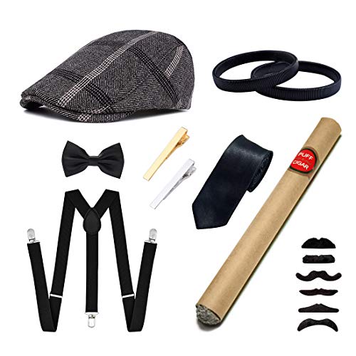 Ziyoot Men's 1920s Accessories Gatsby Gangster Costume Set Gangster Beret Y-Back Suspender (A 04 Black Gray)