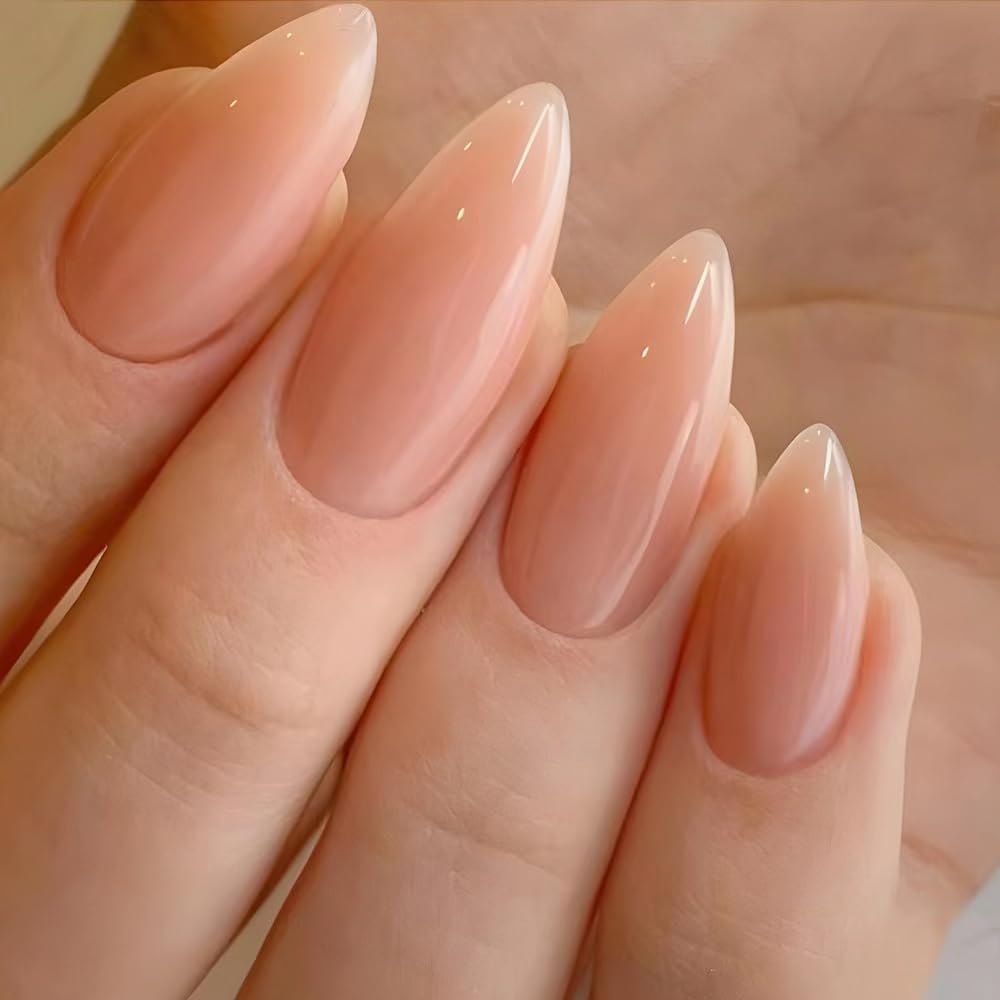 Nude Press on Nails Short Almond Fake Nails Nude Gradient Nails Press Ons Glossy Stick on Nails Natural Full Cover False Nails Acrylic Glue on Nails for Women 24Pcs