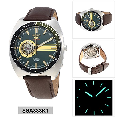 SEIKO 5 Sports 100M Retro Automatic Open Heart Calfskin Watch Green SSA333K1  | Pricepulse