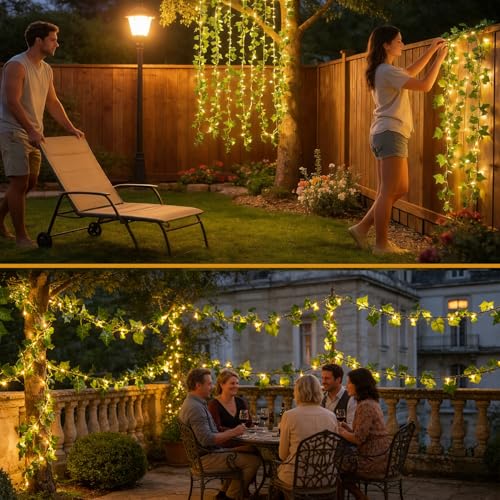 Joysing Outdoor Solar String Lights 10M 100 LED Artificial Ivy Lights, 8 Modes Outdoor Solar Vines Waterproof String Lights Leaf for Garden Balcony Outdoor Decoration