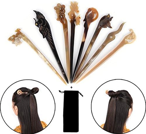 AiQueen 8 Pcs 1 Prong Polished Horn Hair Stick Hair Pin Hairstick with 1 PCS Free Storage Bag for Women Lady,STYLE RANDOM