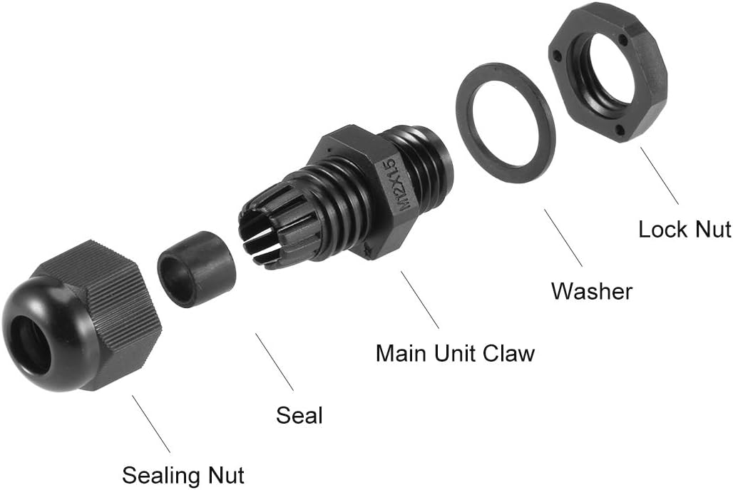 sourcing map M12x1.5 Cable Gland 2mm-5mm Wire Hole Waterproof Nylon Joint Adjustable Locknut with Washer Black 10pcs - Image 4