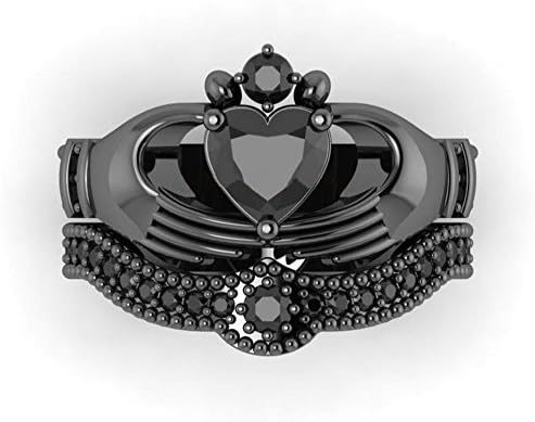 Heart Agate Black Gold Filled Women's Wedding Ring Sets Claddagh Ring Gifts (8)