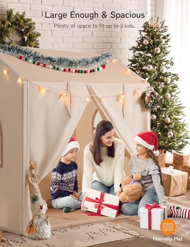 Besrey 2-in-1 Kids Play Tent with Canopy for Indoor and Outdoor Use with Lights, Bunting and Mat, Large Design for Reading and Creative Games - Ideal Christmas Gift for Kids