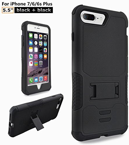 iPhone 7 Plus Case,Snopow Rugged With Bracket Non-Slip Anti-Scratch Three Layers Heavy Duty Anti-Impact Shock-Absorption Tough Bumper Armor Hard And Soft Full Body Shell For iPhone 6/6s Plus-Black