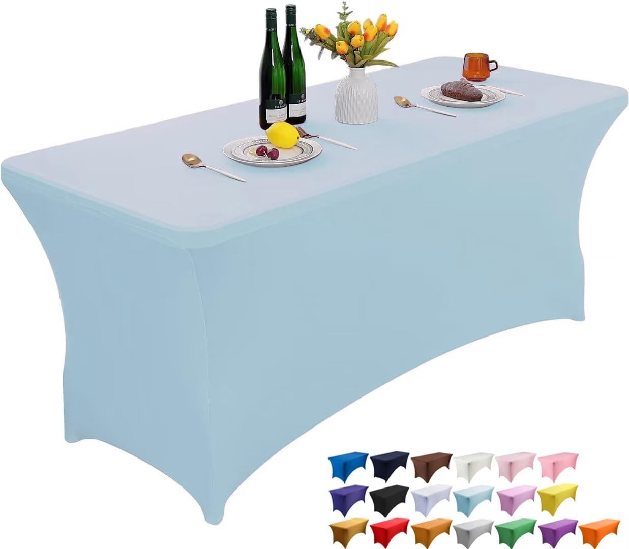 Wolfway 8FT Sky Blue Stretch Spandex Table Cover Washable and Wrinkle Resistant Kitchen Spandex Tablecloth Fitted Rectangular Table for Party,Banquet,Weddings,Cocktail and Festival