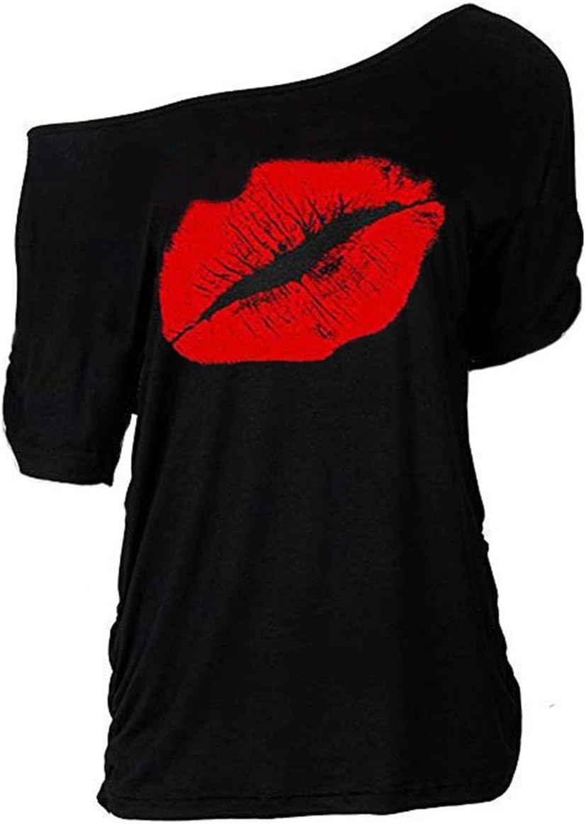 MAGICMKWomen Casual Plus Size Lips Print Off Shoulder T-Shirt Tops