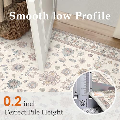 PureCozy Rugs Living Room 200x300cm Beige Washable Non Slip Large Vintage Area Bedroom Rug Bedside Nursery Lounge Office Playroom Indoor Big Carpet Low Pile Carpets Retro