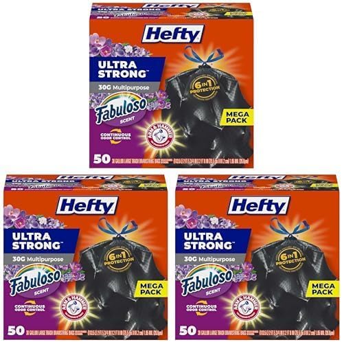Hefty Ultra Strong 30 Gallon Trash Bags, Large Trash Bags 30 Gallon Size, Multipurpose, Break Resistant Drawstring Closure, Resists Leaks, Punctures, and Tears, Fabuloso Scent, 50 Bags (Pack of 3) Image