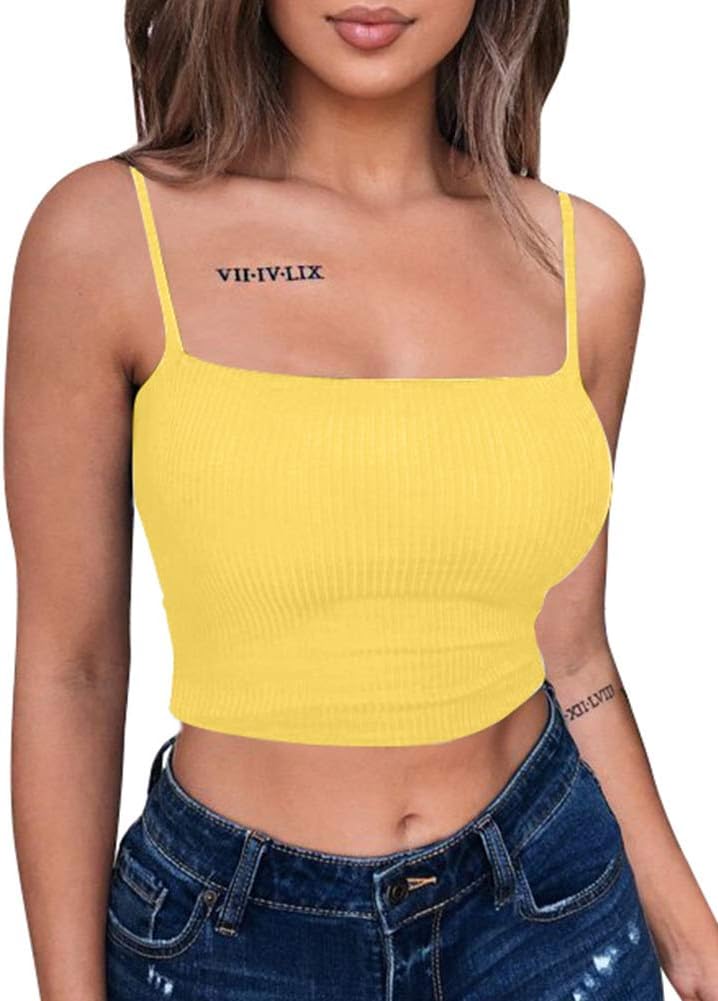 YMDUCH Women's Sexy Crop Top Stretch Spaghetti Strap Ribbed Knitted Basic Cami