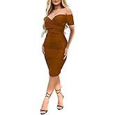 Ekaliy Women's Sexy Off The Shoulder Midi Dress Ruched Bodycon Dresses