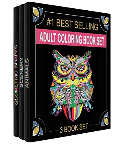 Adult Coloring Books Set - 3 Coloring Books for Grownups - 120 Unique Animals, Scenery & Mandalas Designs. Coloring Books for Adults Relaxation.