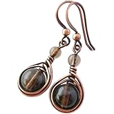 Pillar of Salt Studio Handcrafted Solid Copper Earrings with Smoky Quartz Gemstone (Antiqued Copper, 1" drop)