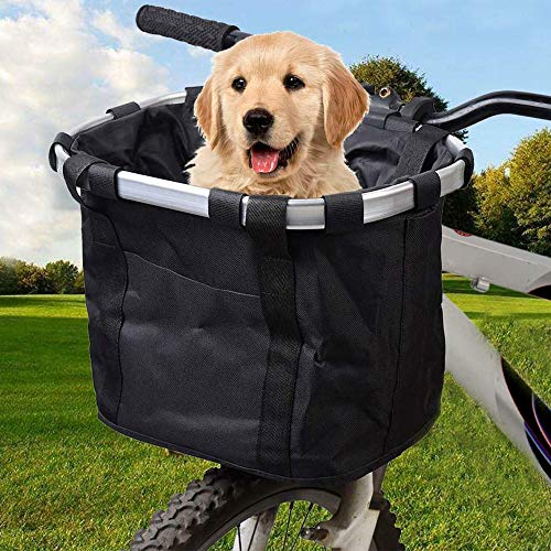 LIFAVOVY Bicycle Basket Folding Detachable Cycling Bag Easy Install Quick Released Pet Cat Dog Carrier Front Removable Bicycle Handlebar Basket Multi Purpose Black Bike Basket Carrier Picnic Shopping