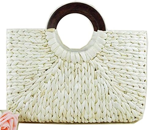 Straw Rattan Women Tote Summer Beach Handbag Picnic Basket Natural Khaki Bag Medium Size 15.5'x15' US Seller (White)