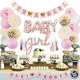 Sweet Baby Co. Pink Baby Shower Decorations for Girl with Its A Girl Banner, Baby Girl Letter Balloons, Flower Pom Poms, Paper Lanterns, Tassels (Rose Gold, Pink, Ivory, White Sprinkle Set)