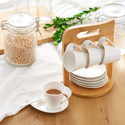 6pcs Porcelain Coffee Cup and Saucer Set, Ceramic Tea Cup Set with Wooden Bracket for Specialty Coffee Drinks Latte Mocha Cappuccino Table Decorative Dinnerware Favor Gift - Thumbnail 3