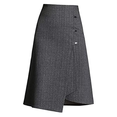 Wincolor Women's Asymmetrical High Waisted Wool Blend Striped Front Slit A-line Midi Skirts