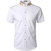 ZEROYAA Mens Hipster Gold Embroidery Mandarin Collar Slim Fit Short Sleeve Casual Dress Shirts