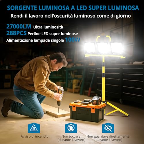 AUTOUTLET Construction Site Spotlight with Extendable Tripod, 3 x 100 W 27000 LM Rechargeable LED Headlight with 3 Colour Temperatures and 5 m Power Cable, IP66 Waterproof, for Garage Workshop and Outdoor