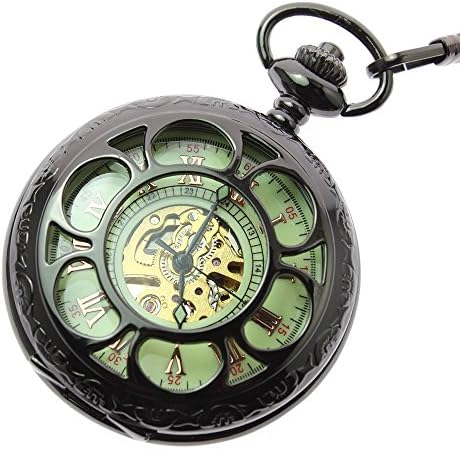 itemstoday Antique Hollow Black Case Automatic Men's Pocket Watch FOB with Chain