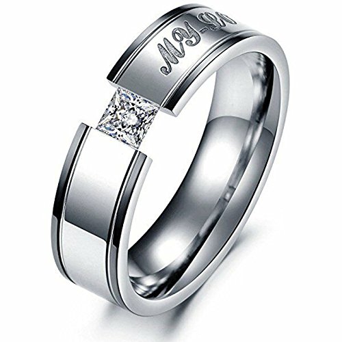 LAVUMO Him Her Couple Rings Stainless Steel Anniversary Engagement Promise Wedding Band My Love CZ (His 8)