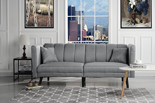 Sofamania Mid Century Modern Plush Tufted Linen Fabric Living Room Sleeper Futon (Light Grey)
