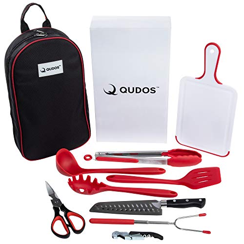 Qudos Cooking and Grilling Utensil Organizer Travel Set with Carry Case – Portable Camping Tools and Kitchen Accessories – Cookware Travel Kit with Chopping Board, Scissors and Knife – Grill Supplies