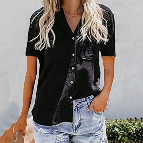 Sunhusing Women's Solid Color V-Neck Casual Button Buckle Short Sleeve Shirt Joker Office T-Shirt Black