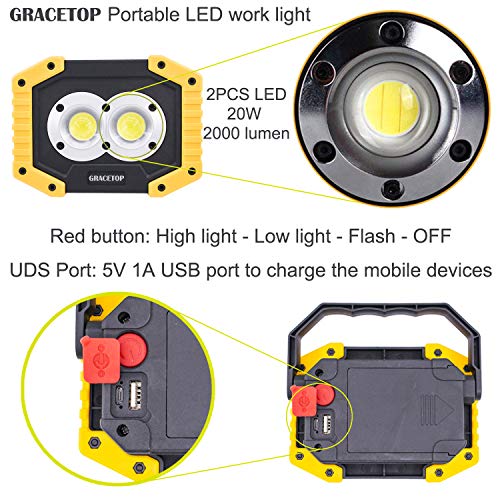 LED Work Light Rechargeable with USB Port, 2X COB Light 20W 1000 Lumen Portable Lighting with Stand,Built-in 6400mAh Lithium Batteries,Led Work Lamp for BBQ, Camping, Fishing Light