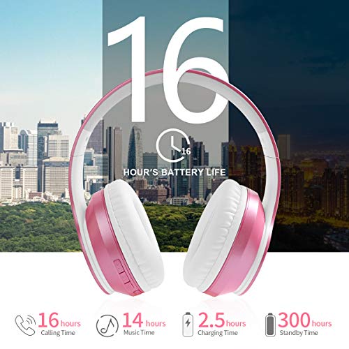 Rose Pink LOBKIN Over-Ear Bluetooth Headphones with Microphone Stereo Noise Reduce Over Ear Studio School Gaming Sleep Party Outdoor Kids Girls Wireless Headphones