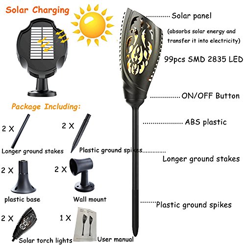 Lustaled Solar Torch Lights LED Dancing Flames Outdoor Lights Dusk to Dawn Auto On/Off Waterproof Flickering Tiki Torches Lamp Wireless Solar Wall Lighting for Landscape Garden Driveway (2-Pack)